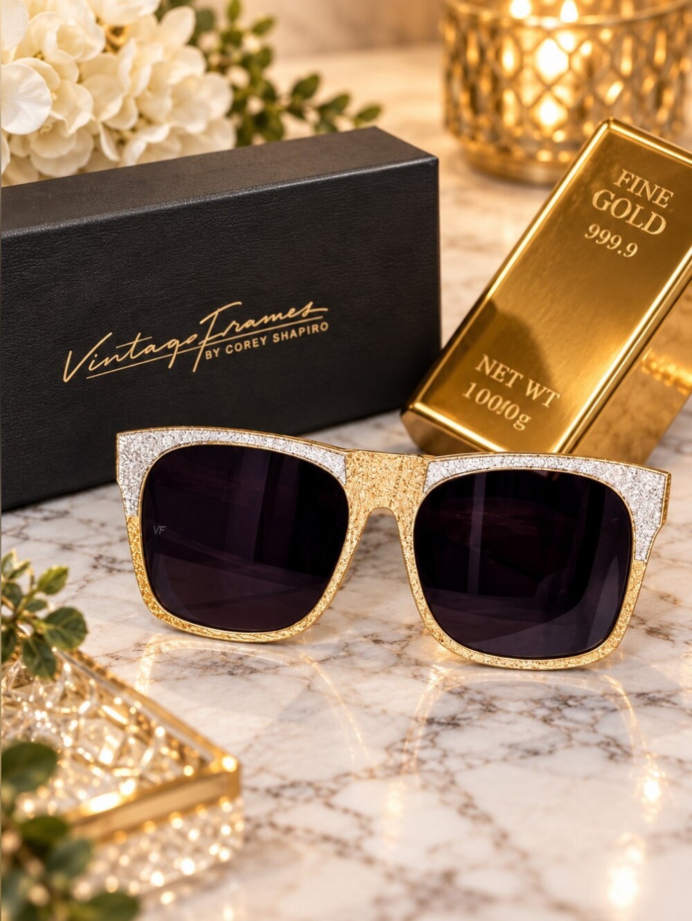 Vintage Frames Corey Shapiro Rude Oversized Square Gold Designer Sunglasses NWT